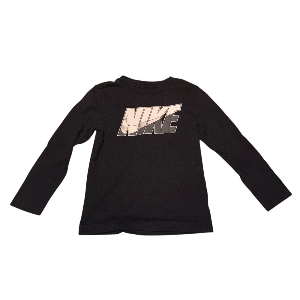Nike Kids Boys Black Long Sleeve Logo Graphic Tee Shirt Size 6 L674-042